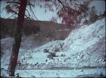 Big Creek #4 project: Rock quarry with two trucks and one steam shovel