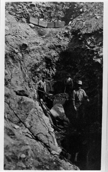 Copies of old construction photos at Lundy Dam