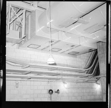 Piping, conduit and meters routed on the ceiling of an industrial facility