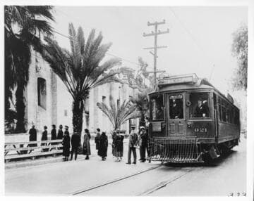 Pacific Electric's "Old Mission Trolley Trip" excursion at San Gabriel Mission, about 1918