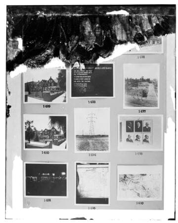 This is a multi-image negative that depicts Apartments, City Hall, night signage, SSP Tower, maps, portraits, and L. A. Substation. Undamaged images included on the plate are copies of original negatives: 02 - 01429; 02