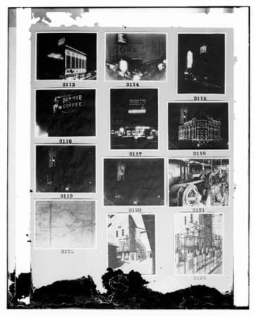 This is a multi-image negative that night neon signage in the city, a motor at Santa Monica Ice Plant, and L.A. #3. Images included on the plate are copies of original negatives: 02 - 03113; 02
