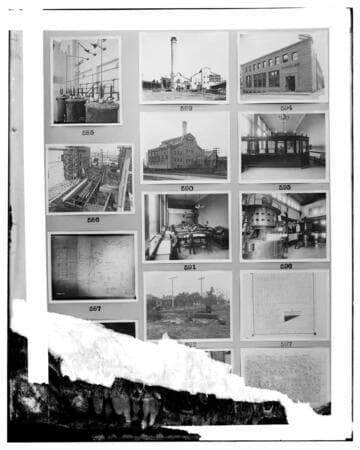 This is a multi-image negative that depicts steam plants, service centers, drawings, and maps. Undamaged images included on the plate are copies of original negatives: 02 - 00585; 02