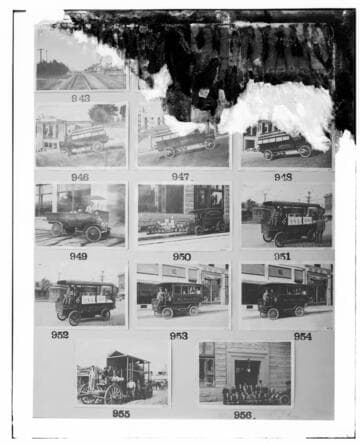 This is a multi-image negative that depicts group photos, and company vehicles