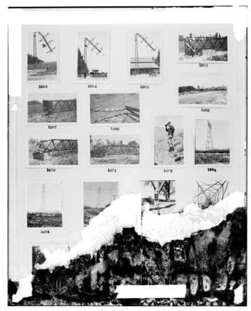 This is a multi-image negative that depicts damaged transmission towers. Undamaged images included on the plate are copies of original negatives: 02 - 01263; 02