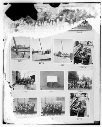 This is a multi-image negative that depicts group photos, pole testing, and a manhole with cables. Undamaged images included on the plate are copies of original negatives: 02 - 01969; 02