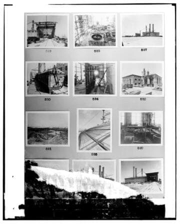 This is a multi-image negative that depicts construction of Long Beach Steam Plant. Undamaged images included on the plate are copies of original negatives: 02 - 00519; 02