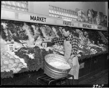 Grocer (Jack Wray) working with display of radishes in market