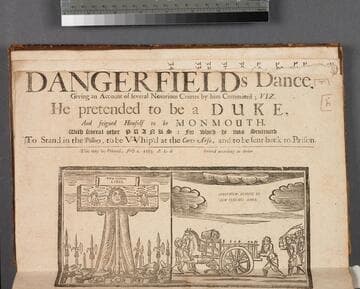 Dangerfields dance. : Giving an account of several notorious crimes by him committed viz, He pretended to be a duke, and feigned himself to be Monmouth, with several other pranks: for which he was sentenced to stand in the pillory, to be vvhip'd at the carts arse, and to be sent back to prison