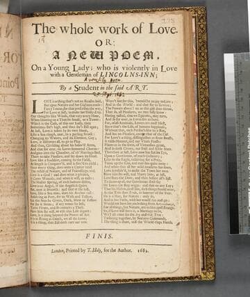 The whole work of love. Or: A new poem, on a young lady  who is violently in love with a gentleman of Lincolns-Inn  by a student in the said art