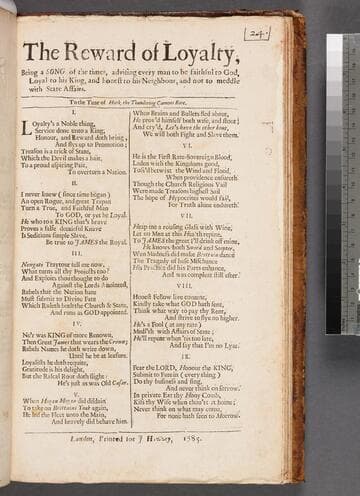 The reward of loyalty, being a song of the times, advising every man to be faithful to God, loyal to his King, and honest to his neighbour, and not to meddle with state affairs. To the tune of Hark the thundering cannons rore