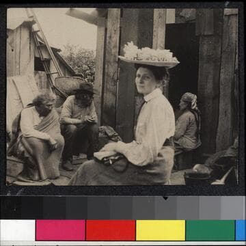 Grace Nicholson in flowered hat, with Dwamish Indians Chief Joe, far left, and Old John