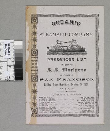 Passenger list of S. S. Mariposa for San Francisco, sailing from Honolulu