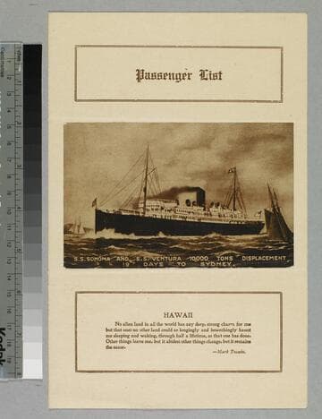 S. S. Ventura for Honolulu, Pago Pago, and Sydney