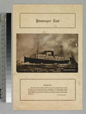 S.S. Sonoma for Honolulu, Pago Pago, and Sydney