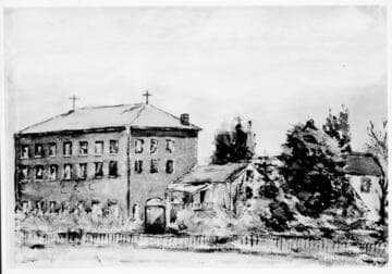 Drawing of "Sisters of Charity" School, First school building in Los Angeles drawn by one of the pupils in 1856