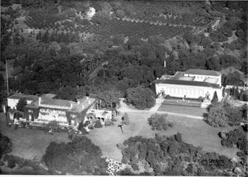 Aerial view of Huntington residence, library building, and grounds, January 1, 1937