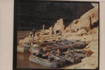 Georgie White party at camp.  Colorado River at the mouth of the Dirty Devil.  Green River-Cataract Canyon run