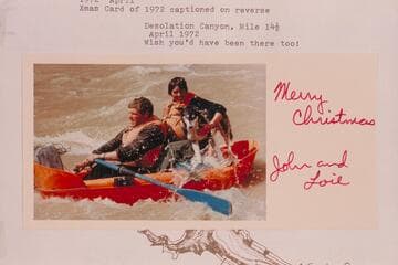 John and Loie Evans in Sportyak in Desolation-Gray Canyons. Christmas card of 1972