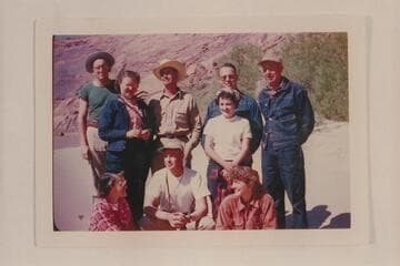 Mexican Hat Expedition party in Glen Canyon. Hite to Lees Ferry, 1951, May 11-17.Lower:Marjory G. Paul;Don Smith; Verona L. Burkhard. Upper:Jack Rigg;Barbara Jean Allen;Frank Wright;Olive McIntyre;Wyman McIntyre;William Stone