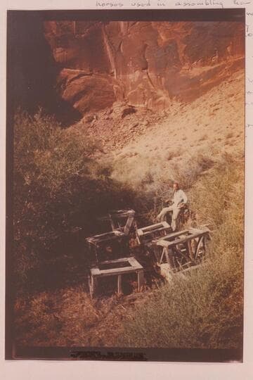 The horses used during construction of the "Charles H. Spencer".  Harry Aleson sits on one; Warm Creek