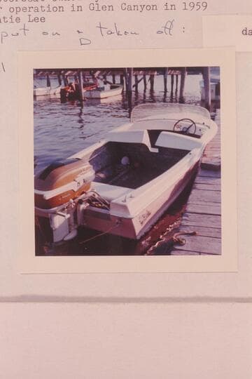 Outboard motorboat owned by Gene and Katie Lee Bush.  Planned for operation in Glen Canyon in 1959.  Name put on and taken off:  damNdam