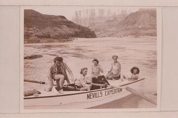 The women passengers in the Nevills 1947 party between Lees Ferry and Bright Angel Creek. Left to right: Marjory Farquhar, Rosalind Johnson, Pualine Saylor, Margaret Marston and Elma Milotte. At foot of Tanner Trail