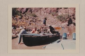 Preparing the "Emma Dean" for pictures; Bright Angel Creek. The Harris-Brennan boats are in the background