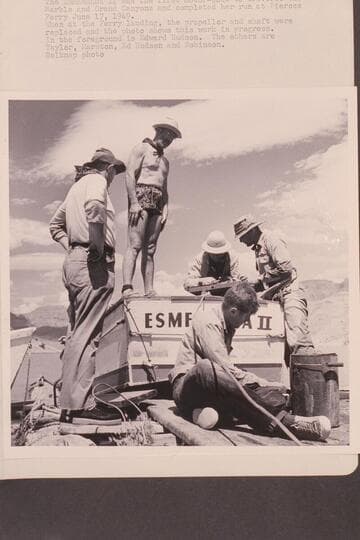 The "Esmeralda II" was the first motorboat to traverse the Marble and Grand Canyons and completed her run at Pierces Ferry, 1949, June 17
