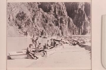 The Nevills 1947 party which made the run from Lees Ferry to Bright Angel Creek in July. Posed at the beach at Bright Angel Creek