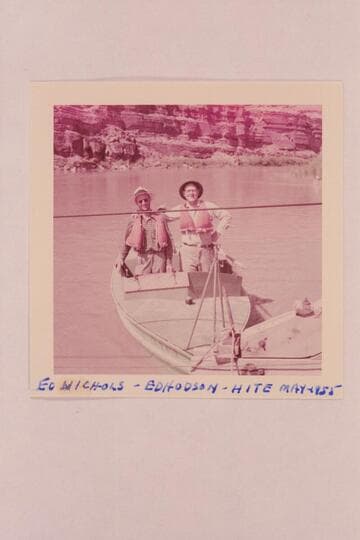 Ed Nichols and Ed Hudson in the inboard motorboat "FINALLY".  The boat is 16 feet long and 5 1/2 feet of beam, powered with a 65HP Jeep engine