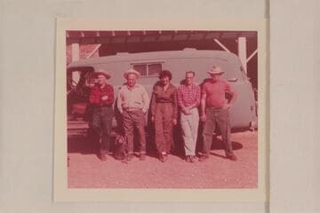 Georgie White party on the San Juan.  Second from left is Powell; then Georgie White, Lefty Bryant, and J. R. White