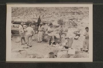 Crew in camp at head of Soap Creek Rapid: Masland, Taylor, Marston, Sanderson, Marston, Beer, Desloge and Cutler