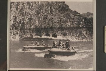 The "Rattlesnake" and the "Bootoo" cruising on upper Lake Mead. Joe Desloge; Rod Sanderson; Argwen Bundy; and Hugh Cutler are in the "Rattlesnake." Spence Cavalliere, Joe Eisaman, Dock Marston, and Frank Masland in the "Bootoo."