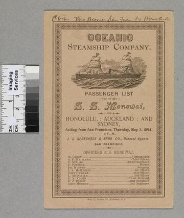 Passenger list of S. S. Monowai for Honolulu, Auckland and Sydney, sailing from San Francisco