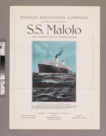 One-way first-class fares : S. S. Malolo San Francisco - Honolulu
