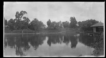 Lake and boathouse, Hollenbeck Park, Los Angeles. December 1, 1922