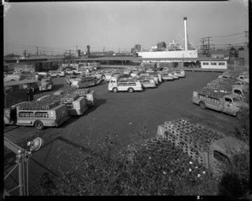 Water delivery trucks, Arrowhead purity plant. 1946