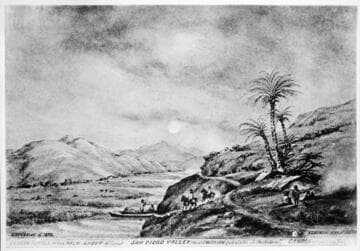 Mission San Diego at night. Mission Valley palms and trail leading up to the Presidio (Vischer 1874)