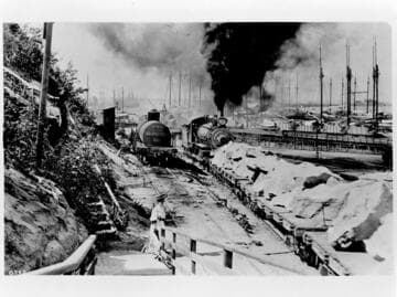 Hauling rock for breakwater, San Pedro