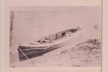 The "Bonnie Jean."  Named for Mrs. Robert Brewster Stanton.  Mouth of Crescent Wash.  The type of boat used in Glen, Marble, and Grand Canon, 1889 and 1890