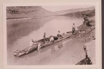 Nevills in fold-flat boat used on Colorado from Moab down to near mouth of Green River, 1938, Sep. 29-Oct. 02. Before starting; Norman in rowboat