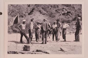 The Stone-Chryst-Stone-Frazier-Kelly-Inglesby-Swain party which traversed Glen Canyon in 1938, Sep.-Oct. being met at Lees Ferry.Explorers Club flag was a part of the hokum used during the trip which was anything but an exploration