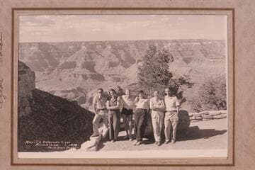 The 1938 Nevills party excepting Del Reed. South Rim. Signatures of the party on the frame and the presentation by Nevills to his parents