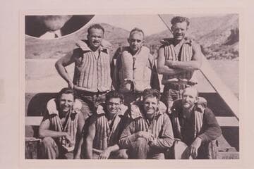 The crew who made the 1934 Grand Canyon transit. Copy of print on Eddy lecture circular. Upper: Frazier; Eddy; Swain. Lower: A. Hatch; Mowrey; B. Hatch; Fahrni