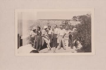 Some of the 1938 Nevills party at the microphone on the Rim.  Left to right:  Lorin Bell; Lois Jotter; Bill Gibson; Elzada Clover; Anderson of KTAR; Nevills