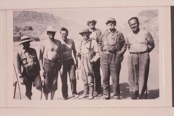 Julius F. Stone et al on arrival at Lees Ferry after completing a traverse of Glen Canyon. Left to right: Charles Kelly; Frank Swain; George Stone; Dr. Inglesby; William Chryst; Julius Stone; Russell Frazier