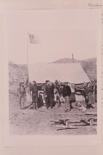Winter Headquarters of U. S. Colorado River Expedition 1871-1872 at Kanab, south Utah. In this headquarters tent the first map of the Grand Canyon region was put on paper by Thompson and Dellenbaugh with some work by Renshawe