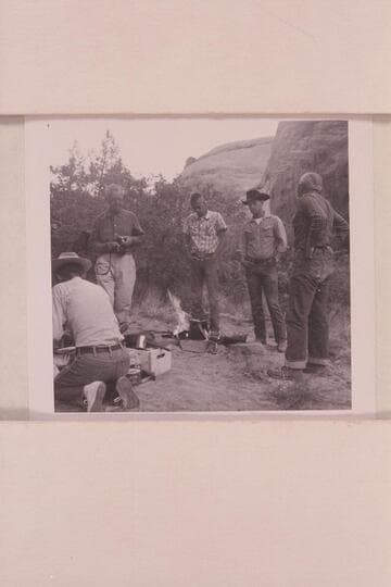 Breakfast at camp at head of middle fork of 73. Tom Daly kneels at left, Josh Eisaman, Christy Turner, Buster Ordiway and Archeyes Masland in picture