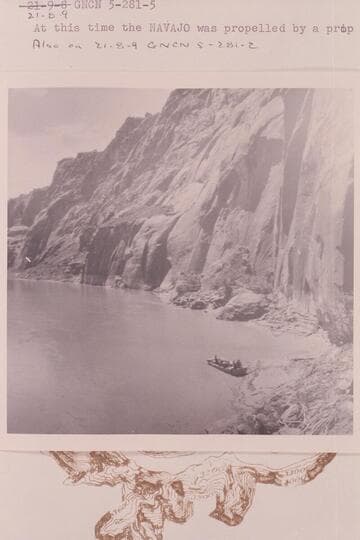 The USGS launch "Navajo" at the right bank at the upper end of Lees Ferry Damsite.  Mile 5.1.  At this time the "Navajo" was propelled by a prop in a tunnel